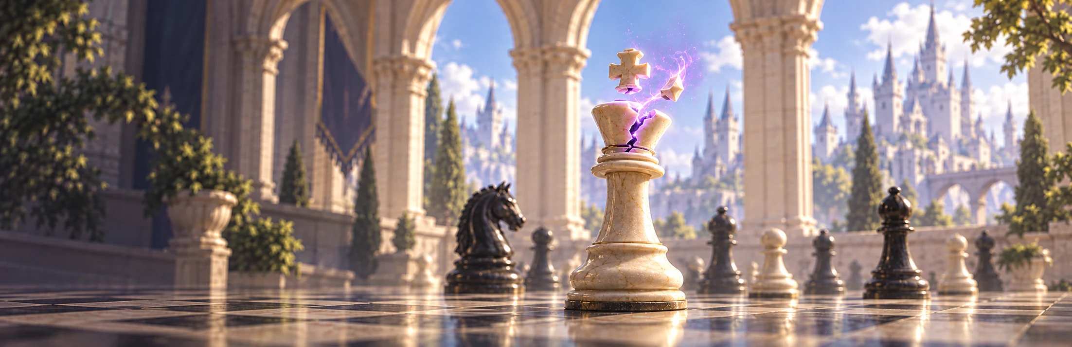An ivory king breaks apart in violet magic above a chessboard in a sunlit castle courtyard